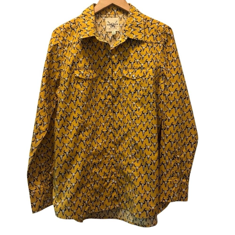 Cotton & Rye Womens Button Up Shirt Yellow Cow Bull Skull Long Sleeve Large NWT